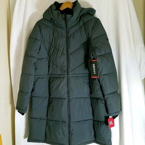 DKNY Long Quilted Puffer Jacket XL Gray New With Tags Removable Hood - Picture 2 of 16